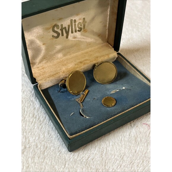 Stylist Vintage Lamode Gold Cuff Links & Tie Tack Set Original box - Picture 4 of 11